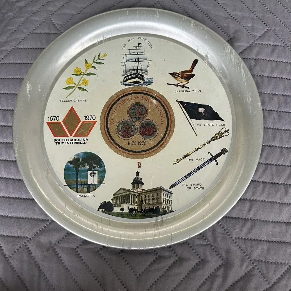 Vintage South Carolina Tricentennial Tray Aluminum Souvenir 1670-1970 Symbols